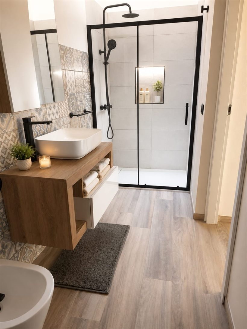 Il bagno privato con doccia a vetri, mobile in legno e lavabo d'appoggio